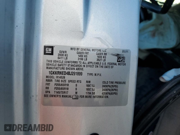 2011 GMC Acadia SL with VIN 1GKKRNED4BJ291899, listed as a Copart auction lot 82297174 with Not Provided miles and Non Repairable. Bid and sale history available at carsss.com. Image 13.