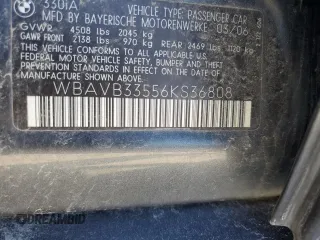 2006 BMW 3 Series 330i z VIN WBAVB33556KS36808, wystawiony jako Copart lot #50209425 z przebiegiem 156 235 mil mil oraz Czysty tytuł • Clean title. Historia ofert i sprzedaży dostępna na DreamBid. Obrazek 12.