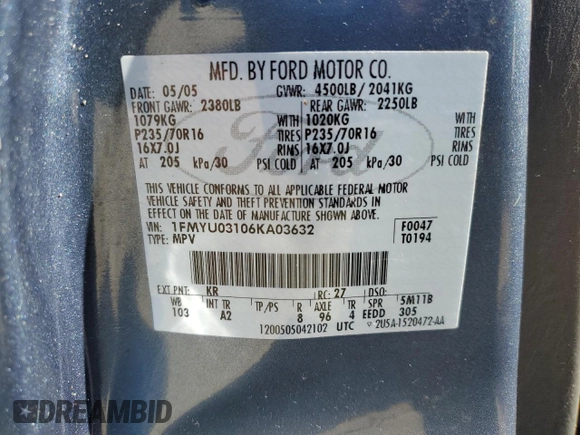2006 Ford Escape XLT with VIN 1FMYU03106KA03632, listed as a Copart auction lot 75416404 with 151,559 mi miles and Salvage Title. Bid and sale history available at DreamBid. Image 15.
