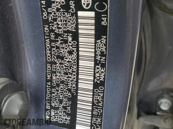 2014 Toyota Prius Four z VIN JTDKN3DU6E0386410, wystawiony jako Copart lot #53746755 z przebiegiem Nie podano mil oraz Szkoda całkowita • Salvage title. Historia ofert i sprzedaży dostępna na DreamBid. Obrazek 12.