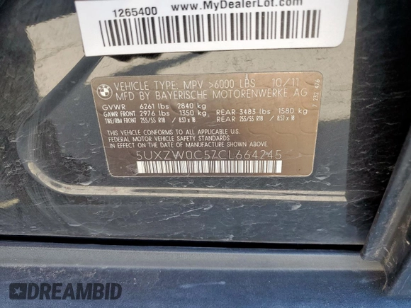 2012 BMW X5 35d with VIN 5UXZW0C57CL664245, listed as a Copart auction lot 58356885 with 148,517 mi miles and Clean title. Bid and sale history available at DreamBid. Image 12.