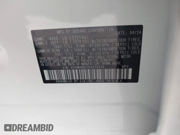 2024 Subaru Ascent Touring z VIN 4S4WMAWD2R3436418, wystawiony jako IAAI lot #42289262 z przebiegiem 25 729 mil mil oraz . Historia ofert i sprzedaży dostępna na DreamBid. Obrazek 9.