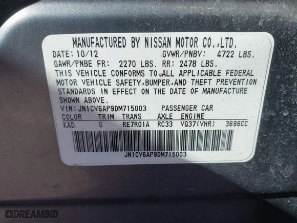 2013 Infiniti G37 Sedan Journey with VIN JN1CV6AP9DM715003, listed as a IAAI auction lot 41895564 with 1 mi miles. Bid and sale history available at carsss.com. Image 9.