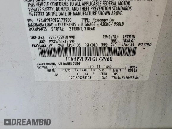 2015 Ford Taurus SEL with VIN 1FAHP2E92FG172960, listed as a Copart auction lot 84866524 with 115,115 mi miles and Salvage Title. Bid and sale history available at DreamBid. Image 12.