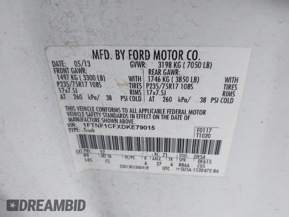 2013 Ford F-150 XL with VIN 1FTNF1CFXDKE79015, listed as a IAAI auction lot 41526331 with 295,919 mi miles. Bid and sale history available at carsss.com. Image 9.