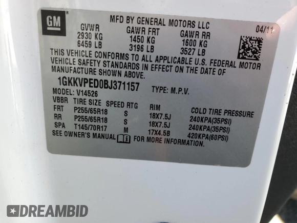 2011 GMC Acadia SLE with VIN 1GKKVPED0BJ371157, listed as a Copart auction lot 43169185 with 170,904 mi miles and Clean Title. Bid and sale history available at carsss.com. Image 13.