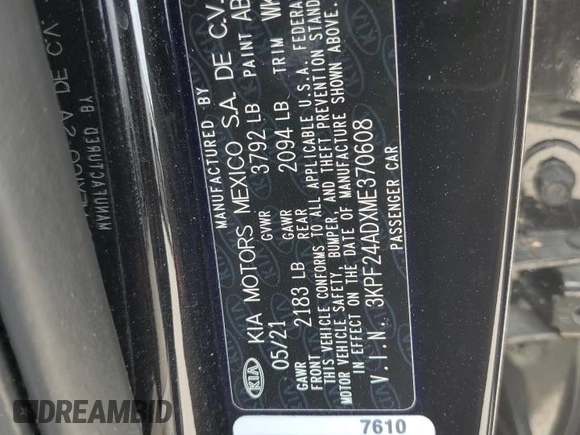 2021 Kia Forte LXS with VIN 3KPF24ADXME370608, listed as a Copart auction lot 54504515 with 31,750 mi miles and Salvage Title. Bid and sale history available at carsss.com. Image 12.