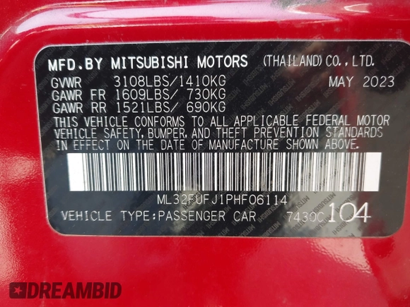 2023 Mitsubishi Mirage ES with VIN ML32FUFJ1PHF06114, listed as a IAAI auction lot 42164974 with 25,281 mi miles and . Bid and sale history available at DreamBid. Image 9.