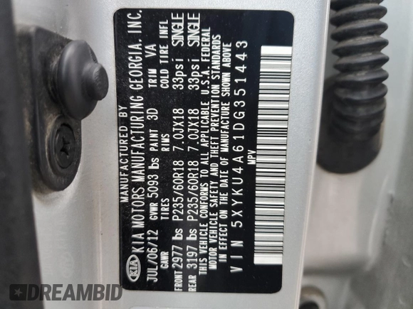 2013 Kia Sorento EX с VIN 5XYKU4A61DG351443, выставлен на аукционе Copart как лот 86988774 с пробегом 196 542 миль миль и Списание • Salvage title. История ставок и продаж доступна на DreamBid. Изображение 13.