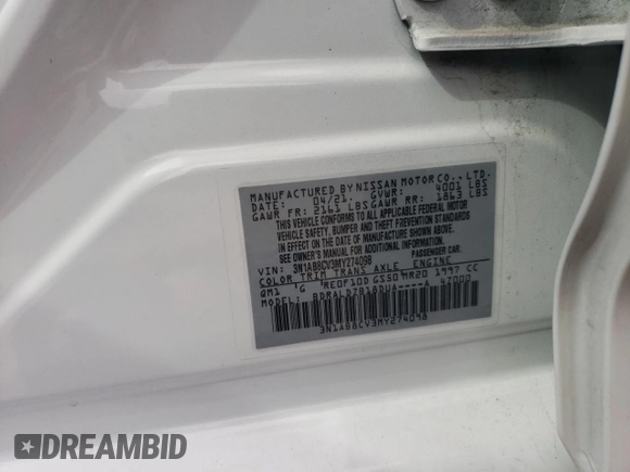 2021 Nissan Sentra SV with VIN 3N1AB8CV3MY274098, listed as a Copart auction lot 53287935 with 65,284 mi miles and Salvage title. Bid and sale history available at DreamBid. Image 12.