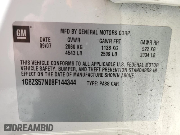2008 Saturn Aura XE with VIN 1G8ZS57N08F144344, listed as a Copart auction lot 53715185 with 57,152 mi miles and Salvage Title. Bid and sale history available at carsss.com. Image 14.