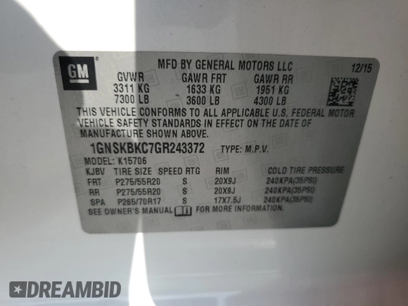 2016 Chevrolet Tahoe LT with VIN 1GNSKBKC7GR243372, listed as a Copart auction lot 55021225 with 170,808 mi miles and Salvage title. Bid and sale history available at DreamBid. Image 13.