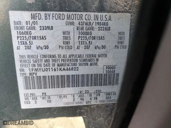 2001 Ford Escape XLS with VIN 1FMYU01161KA46822, listed as a Copart auction lot 48810055 with 253,402 mi miles and Salvage Title. Bid and sale history available at carsss.com. Image 13.
