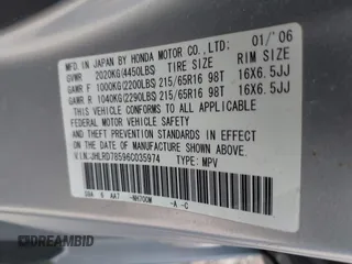 2006 Honda CR-V LX with VIN JHLRD78596C035974, listed as a IAAI auction lot 42119043 with 259,936 mi miles and . Bid and sale history available at carsss.com. Image 9.