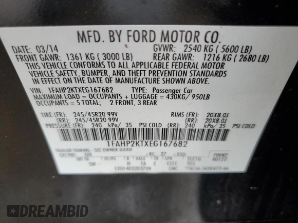 2014 Ford Taurus SHO with VIN 1FAHP2KTXEG167682, listed as a Copart auction lot 57882625 with 173,424 mi miles and Salvage title. Bid and sale history available at DreamBid. Image 13.