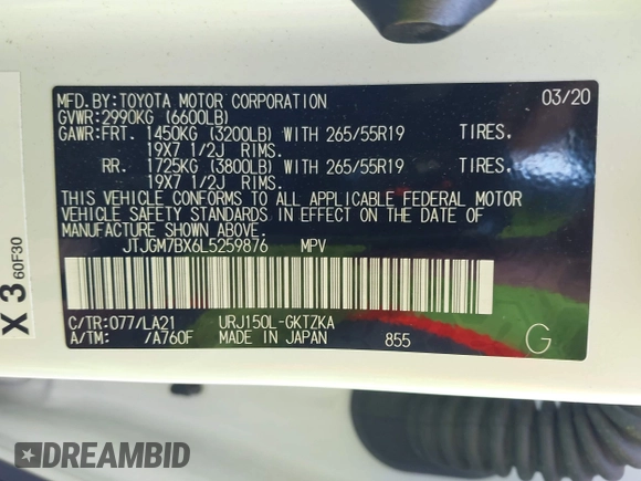 2020 Lexus GX 460 Luxury with VIN JTJGM7BX6L5259876, listed as a IAAI auction lot 42108277 with 58,640 mi miles and . Bid and sale history available at DreamBid. Image 9.