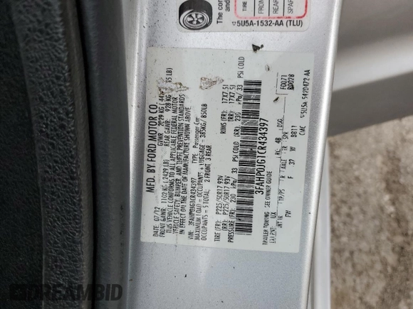 2012 Ford Fusion SEL with VIN 3FAHP0JG1CR434397, listed as a Copart auction lot 50779895 with 99,853 mi miles and Salvage title. Bid and sale history available at DreamBid. Image 14.