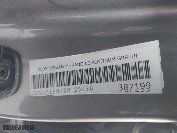2009 Nissan Murano LE with VIN JN8AZ18W39W125436, listed as a IAAI auction lot 41946561 with 157,832 mi miles. Bid and sale history available at carsss.com. Image 9.