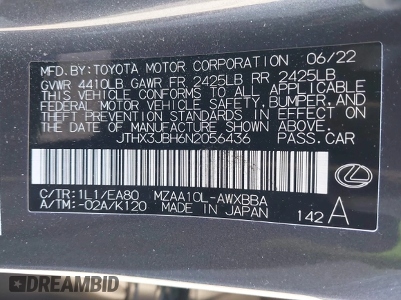 2022 Lexus UX with VIN JTHX3JBH6N2056436, listed as a IAAI auction lot 41856541 with 12,815 mi miles. Bid and sale history available at carsss.com. Image 9.