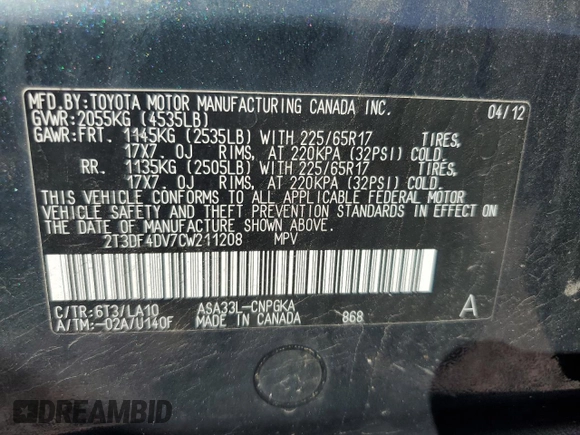 2012 Toyota RAV4 Limited with VIN 2T3DF4DV7CW211208, listed as a Copart auction lot 61532105 with 145,672 mi miles and Salvage title. Bid and sale history available at DreamBid. Image 13.