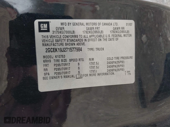 2007 Chevrolet Silverado 1500 1LT with VIN 2GCEK19J271577984, listed as a IAAI auction lot 41736967 with 224,716 mi miles and . Bid and sale history available at DreamBid. Image 9.