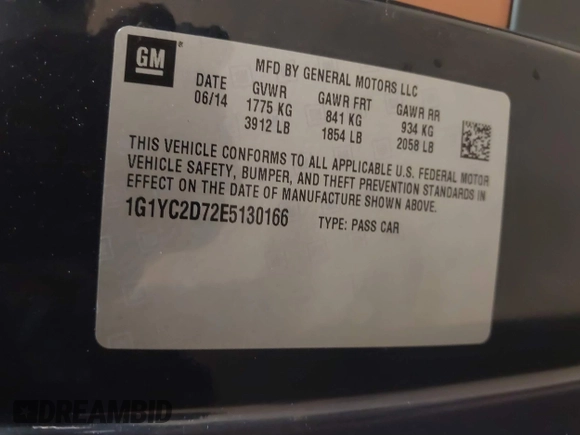 2014 Chevrolet Corvette 2LT with VIN 1G1YC2D72E5130166, listed as a IAAI auction lot 41499814 with 34,959 mi miles and . Bid and sale history available at DreamBid. Image 9.