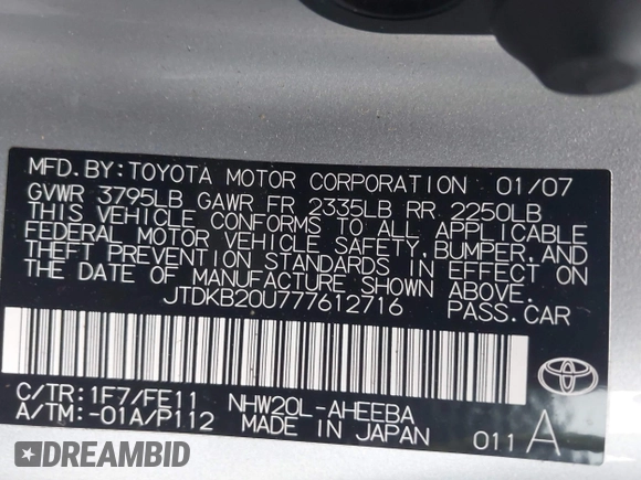 2007 Toyota Prius with VIN JTDKB20U777612716, listed as a IAAI auction lot 42783341 with 129,702 mi miles and . Bid and sale history available at DreamBid. Image 9.