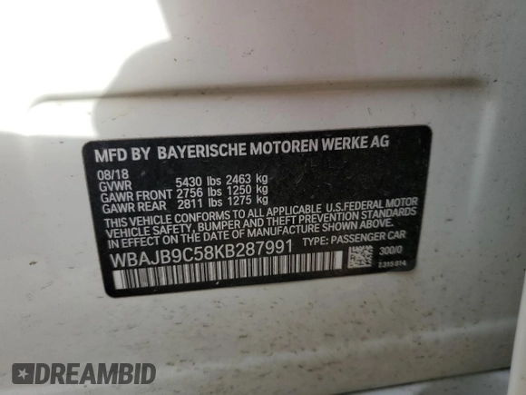 2019 BMW 5 Series M550i xDrive with VIN WBAJB9C58KB287991, listed as a Copart auction lot 53206135 with Not provided miles and Salvage title. Bid and sale history available at DreamBid. Image 14.