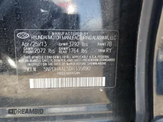 2013 Hyundai Elantra GLS with VIN 5NPDH4AE5DH335890, listed as a Copart auction lot 49496005 with 179,897 mi miles and Salvage title. Bid and sale history available at DreamBid. Image 12.