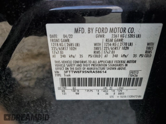 2022 Ford Maverick XL with VIN 3FTTW8F95NRA58614, listed as a Copart auction lot 44469595 with 47,098 mi miles and Salvage Title. Bid and sale history available at DreamBid. Image 12.