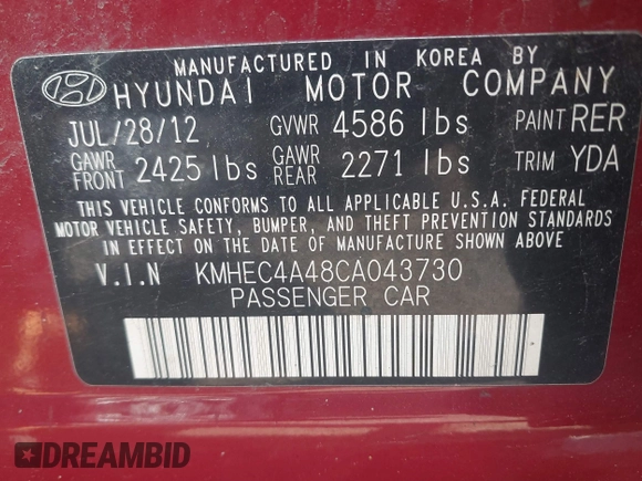 2012 Hyundai Sonata Hybrid with VIN KMHEC4A48CA043730, listed as a IAAI auction lot 42101956 with 149,558 mi miles and . Bid and sale history available at DreamBid. Image 9.