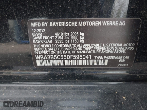 2013 BMW 3 Series 328i xDrive with VIN WBA3B5C55DF596041, listed as a IAAI auction lot 42348070 with Not provided miles and . Bid and sale history available at DreamBid. Image 9.