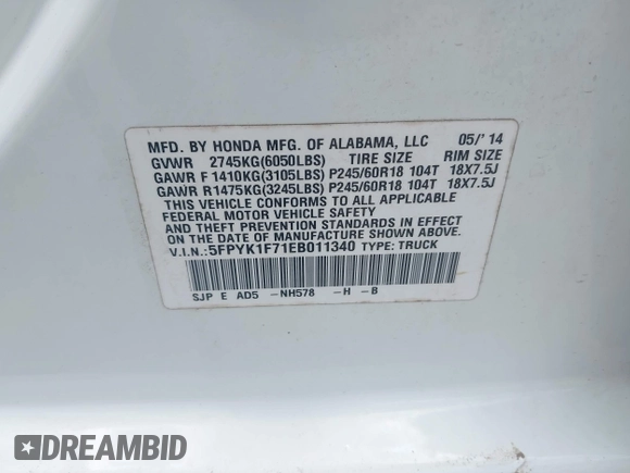 2014 Honda Ridgeline Sport with VIN 5FPYK1F71EB011340, listed as a IAAI auction lot 42741956 with 156,149 mi miles and . Bid and sale history available at DreamBid. Image 9.