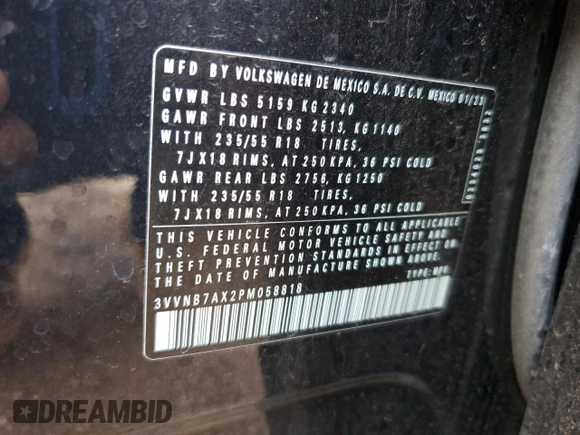 2023 Volkswagen Tiguan SE with VIN 3VVNB7AX2PM058818, listed as a Copart auction lot 55518755 with 35,878 mi miles and Salvage title. Bid and sale history available at DreamBid. Image 13.