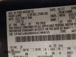 2017 Ford Escape SE with VIN 1FMCU9G90HUC96633, listed as a IAAI auction lot 42005904 with 93,139 mi miles. Bid and sale history available at carsss.com. Image 9.