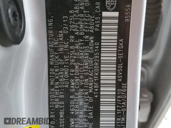 2013 Toyota Camry L with VIN 4T4BF1FK0DR295140, listed as a Copart auction lot 53004825 with 83,942 mi miles and Salvage Title. Bid and sale history available at carsss.com. Image 14.