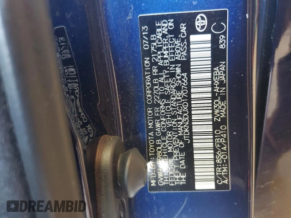 2013 Toyota Prius One with VIN JTDKN3DUXD1707664, listed as a Copart auction lot 56207165 with Not provided miles and Salvage title. Bid and sale history available at DreamBid. Image 12.