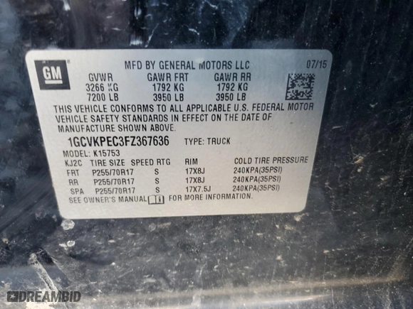2015 Chevrolet Silverado 1500 Work Truck with VIN 1GCVKPEC3FZ367636, listed as a Copart auction lot 65598914 with 183,808 mi miles and Salvage Title. Bid and sale history available at carsss.com. Image 14.