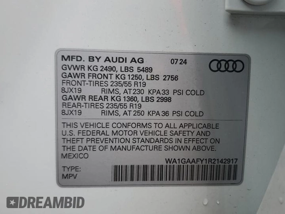 2024 Audi Q5 S line Premium z VIN WA1GAAFY1R2142917, wystawiony jako Copart lot #55572275 z przebiegiem 2 450 mil mil oraz Szkoda całkowita • Salvage title. Historia ofert i sprzedaży dostępna na DreamBid. Obrazek 14.