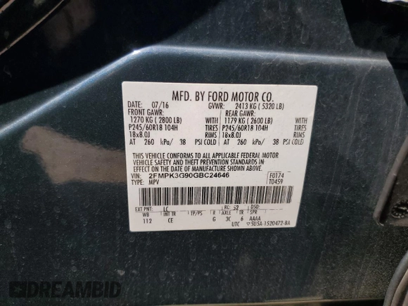 2016 Ford Edge SE with VIN 2FMPK3G90GBC24646, listed as a Copart auction lot 56724215 with 99,686 mi miles and Salvage title. Bid and sale history available at DreamBid. Image 13.