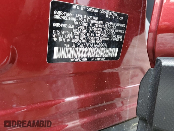 2020 Subaru Forester Limited with VIN JF2SKAUC5LH540691, listed as a Copart auction lot 56735275 with 19,220 mi miles and Salvage title. Bid and sale history available at DreamBid. Image 13.