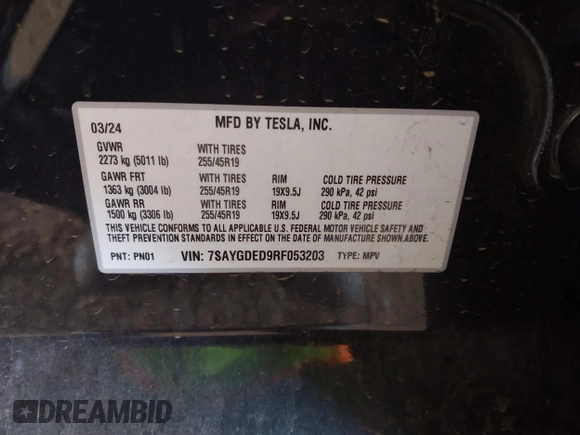 2024 Tesla Model Y with VIN 7SAYGDED9RF053203, listed as a IAAI auction lot 41906729 with Not Provided miles and . Bid and sale history available at DreamBid. Image 9.