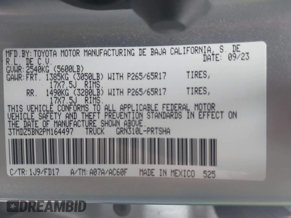 2023 Toyota Tacoma SR5 z VIN 3TMDZ5BN2PM164497, wystawiony jako IAAI lot #42034519 z przebiegiem 25 451 mil mil oraz . Historia ofert i sprzedaży dostępna na DreamBid. Obrazek 9.