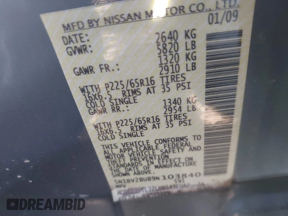 2009 Nissan Quest S with VIN 5N1BV28U89N103840, listed as a IAAI auction lot 41674318 with 194,857 mi miles. Bid and sale history available at carsss.com. Image 9.