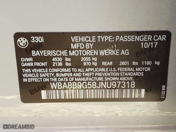 2018 BMW 3 Series 330i with VIN WBA8B9G58JNU97318, listed as a IAAI auction lot 41205434 with 62,582 mi miles. Bid and sale history available at carsss.com. Image 9.