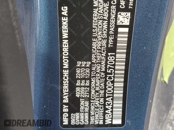 2023 BMW 4 Series 430i xDrive with VIN WBA43AT00PCL57081, listed as a Copart auction lot 44983365 with 9,821 mi miles and Salvage Title. Bid and sale history available at DreamBid. Image 12.