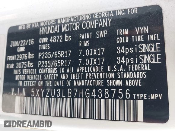 2017 Hyundai Santa Fe 2.4L z VIN 5XYZU3LB7HG438756, wystawiony jako IAAI lot #41480791 z przebiegiem 138 392 mil mil oraz . Historia ofert i sprzedaży dostępna na DreamBid. Obrazek 9.