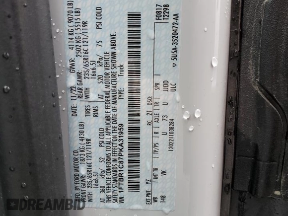 2023 Ford Transit Cargo с VIN 1FTBR1C87PKA31959, выставлен на аукционе Copart как лот 51645315 с пробегом 39 150 миль миль и На запчасти • Non repairable. История ставок и продаж доступна на DreamBid. Изображение 13.