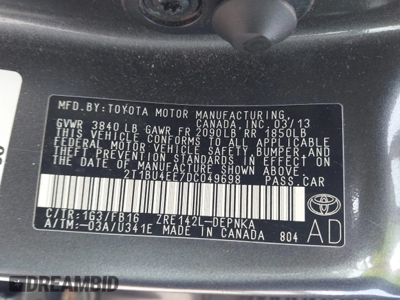 2013 Toyota Corolla L with VIN 2T1BU4EE7DC049698, listed as a IAAI auction lot 41978393 with 48,901 mi miles. Bid and sale history available at carsss.com. Image 9.