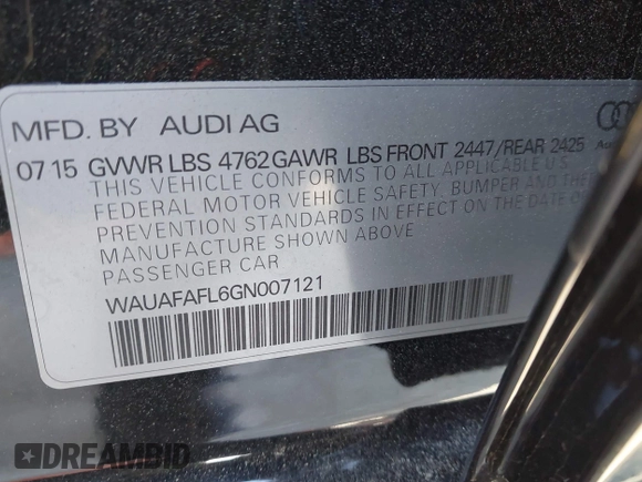 2016 Audi A4 Premium with VIN WAUAFAFL6GN007121, listed as a IAAI auction lot 41934404 with 60,740 mi miles. Bid and sale history available at carsss.com. Image 9.
